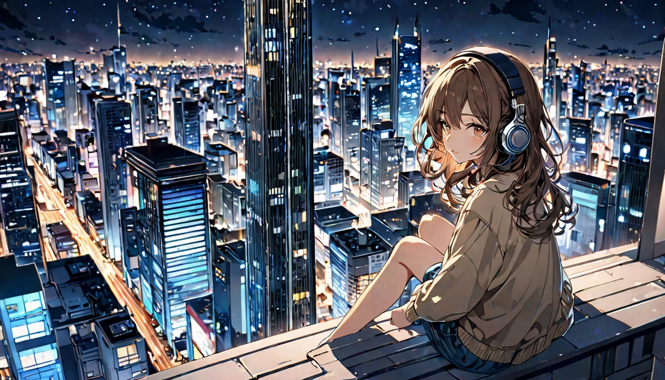 Brown-haired girl wearing headphones、Night city highly detailed、masterpiece, Highest quality, Light background：Night view of skyscrapers：Calm and relaxing outfit：Casual urban style pose：A scene of someone sitting on the roof of a building：City night with the lights of the buildings twinkling
(Detailed fingers), (Emotional), (Breathtakingly beautiful), (main part:1.2 Whole body), (Anime Style), (Very detailed), (超High resolution, High resolution), (8k), (Complex and beautiful: 1.2)
