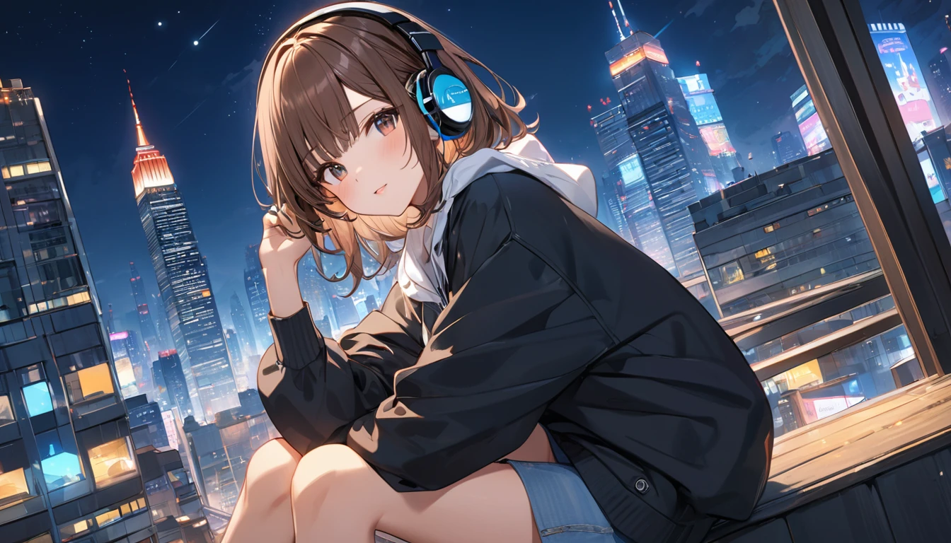 Brown-haired girl wearing headphones、Night city highly detailed、masterpiece, Highest quality, Light background：Night view of skyscrapers：Calm and relaxing outfit：Casual urban style pose：A scene of someone sitting on the roof of a building：City night with the lights of the buildings ling
(Detailed fingers), (Emotional), (Breathtakingly beautiful), (main part:1.2 Whole body), (Anime Style), (Very detailed), (超High resolution, High resolution), (8k), (Complex and beautiful: 1.2)
