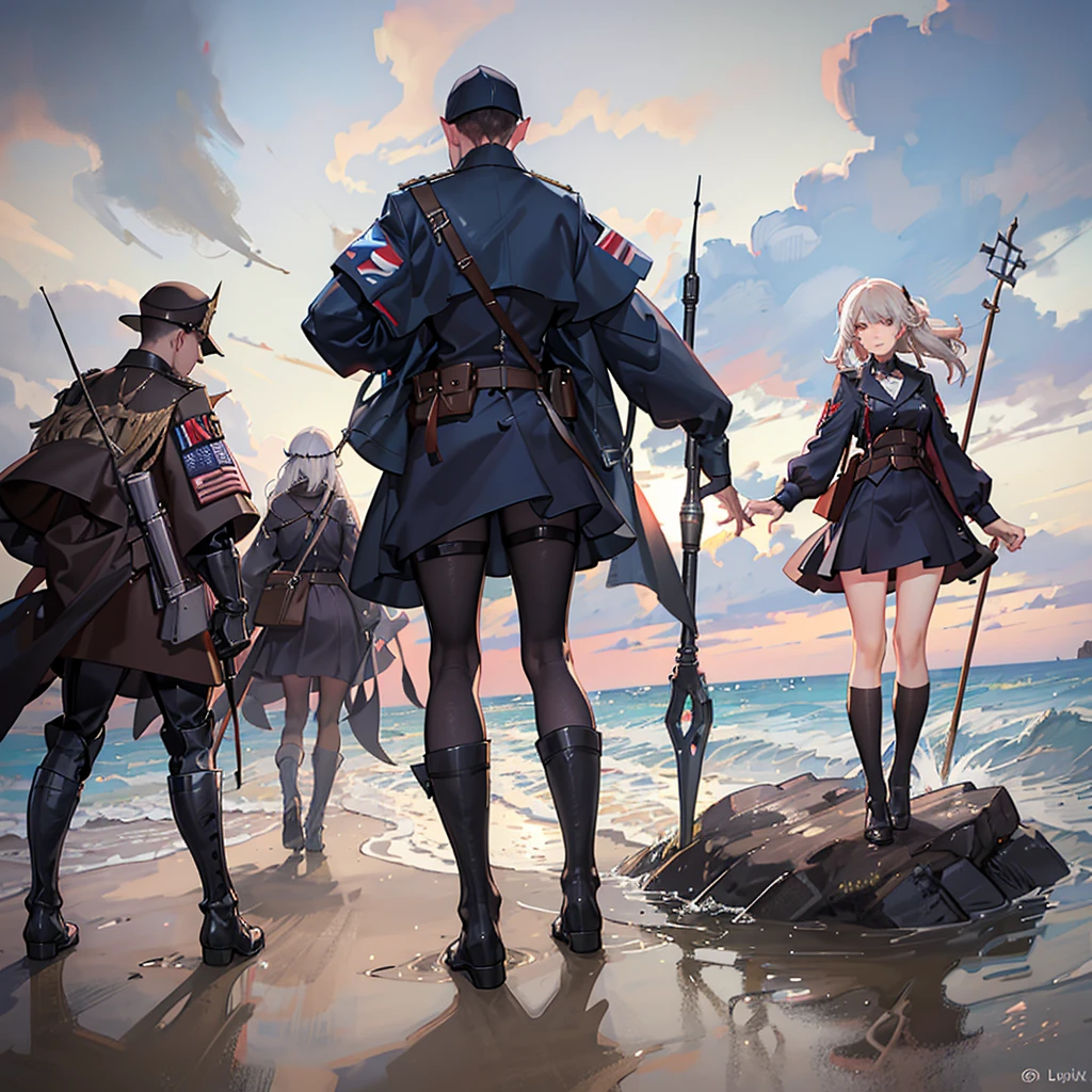 Many people standing in the city,Hold the flag, author:Tadeusz Pruszkowski, author:Ludwik Konarzewski, Cyber demons on Omaha Beach, Stormy war scene, s price, Storming the Normandy Beaches, WWII Normandy Foy Arnhem 1944 CG A group of people holding a flag