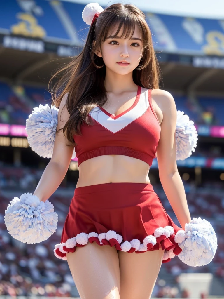 masterpiece, Highest quality, Very detailed, High resolution, (Realistic, photoRealistic:1.37), Excellent anatomy, One beautiful woman, 18-year-old, Height: 152cm, Cheerleader, (Holding a pom-pom in both hands:1.5), A small smile, cheer leading, Cheerleader uniform, (shape), Micro Pleated Mini Skirt, No underwear, ((Very delicate and beautiful)), ((Stadium Background:1.2)), Brown Hair, Long Hair, bangs, Very beautiful face, Cute type, Big Natural Color Lip, Small and cute nose, Big and pretty eyes, Brown eyes, Obvious double, Shiny highlight spots around the eyes, Character Focus, Tilt your head, The best light, Best Shadow, mysterious, Perfect Face, Very detailed, Soft Skin, (Glowing Skin, Sweaty: 1.5), Beautiful feet, Voluptuous thighs, Plump body, Huge breasts, (Expresses the roundness and softness of the chest area.........1), Beautiful body, (The perfect woman), Spread your legs, ((Provocative dynamic pose)), Skirt flip, (Spreading pussy:1.5)
