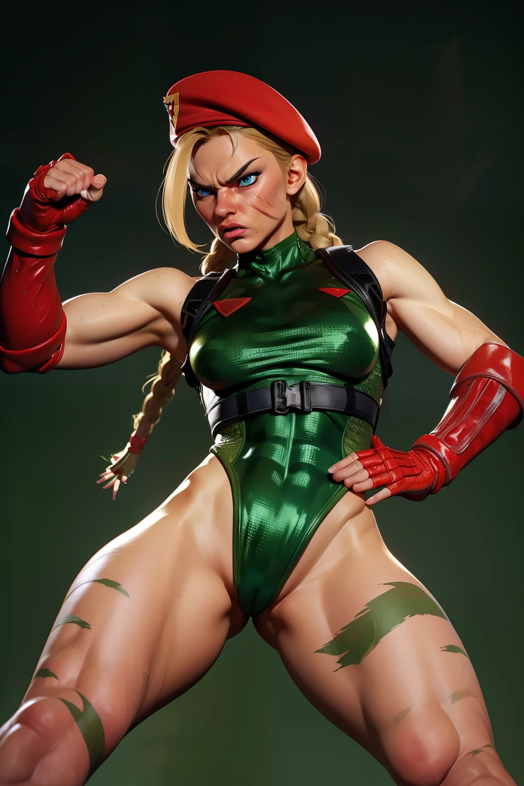 Hyper realistic super detailed sexy Cammy, Very detailed, (hyper realistic: 1.4), ((Hot body, in dynamic fight pose, angry face)), ((camel toes)), big pussy, Classic green suite, twin long braids, blonde hair,  blue eyes, scar on cheek, green leotard, sleeveless, ((Red beret)), red gloves, fingerless gloves, legs camouflage. (((army background))).