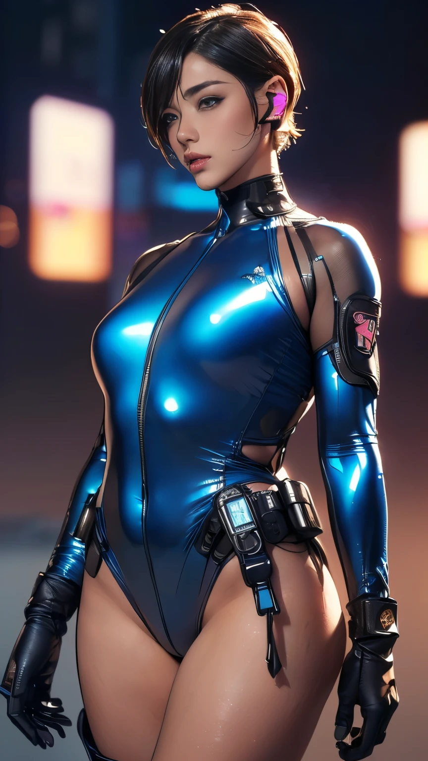 (A woman),(((A female member of the Future Force stands))),((Shiny dark blue tactical high leg bodysuit:1.5)),((earphone:1.5)),((Tactical Holster:1.5)),(Gloves:1.5),(Serious:1.5),(Super short hair:1.5),(beautiful eyes:1.3),(Very detailedな顔:1.5),((Very detailed drawing of a female hand:1.5)),(((muscular:1.5))),((Sexy appearance:1.5)),((Thick thighs:1.5)),(Beautiful Body:1.5),((Very sensual:1.5)),(The backdrop is a futuristic city:1.5),(Cyberpunk atmosphere:1.5),(((Blurred Background:1.5))),(Written border depth:1.5),rest(((masterpiece:1.5),(best quality:1.5),(Very detailed:1.5),(high resolution:1.5),(Practical:1.5),(Practical:1.5),(Delicate depiction),(Carefully drawn))),8k,wallpaper, (((camel toe1.5)))