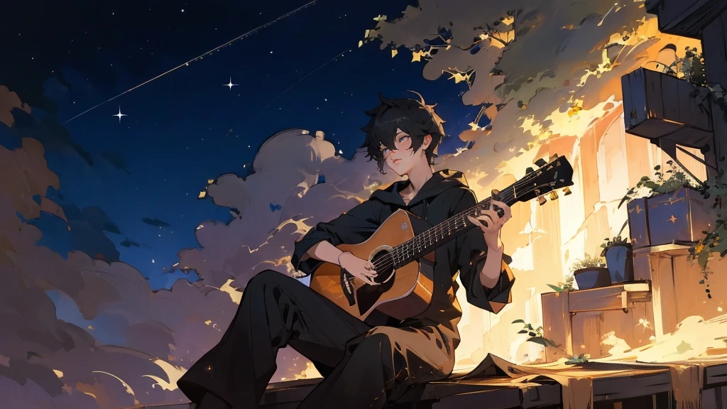 masterpiece,night,(dark alley),star、Night Sky、milky way、octone、
(1 Male), (solo), Knee hugging sitting,acousticguitar