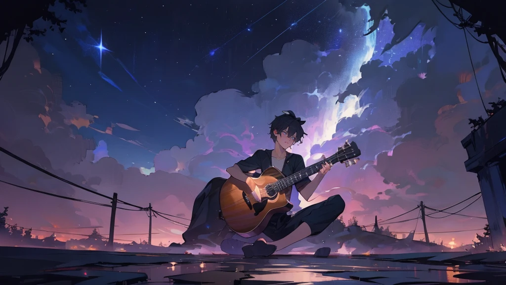 masterpiece,night,(dark alley),star、Night Sky、milky way、octone、
(1 Male), (solo), Knee hugging sitting，acousticguitar