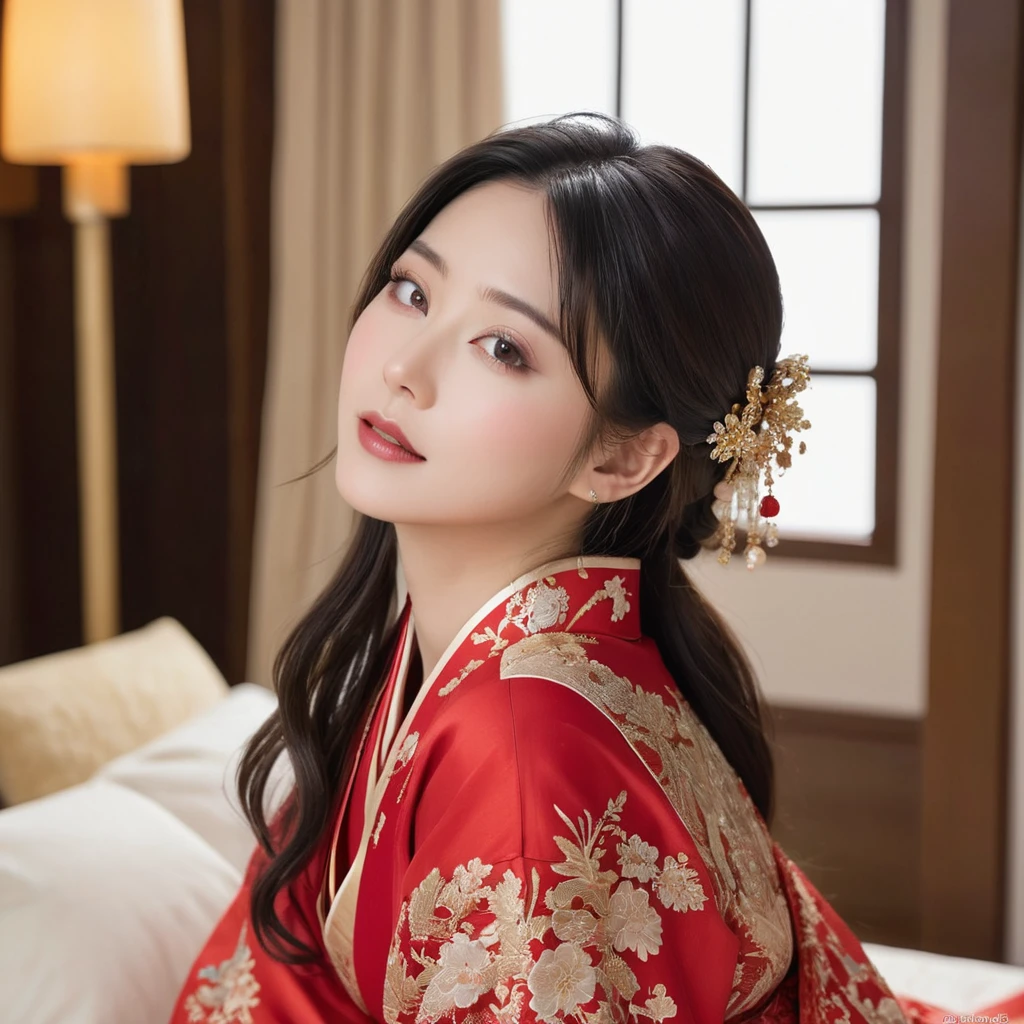 ((Highest quality)), ((masterpiece)), (detailed), (Perfect Face)、The woman is the beautiful Japanese woman, Satomi Ishihara, with large breasts and excellent proportions. She has her medium-long hair tied up and is wearing a gorgeous and glittering red wedding Hanfu with gold embroidery and trimmings. She is lavishly dressed and accessorized with luxurious accessories and an engagement ring.、A woman is embracing and kissing a handsome and dignified middle-aged Chinese man on a luxurious bed in a luxurious Chinese bedroom, making a deep and loving couple.