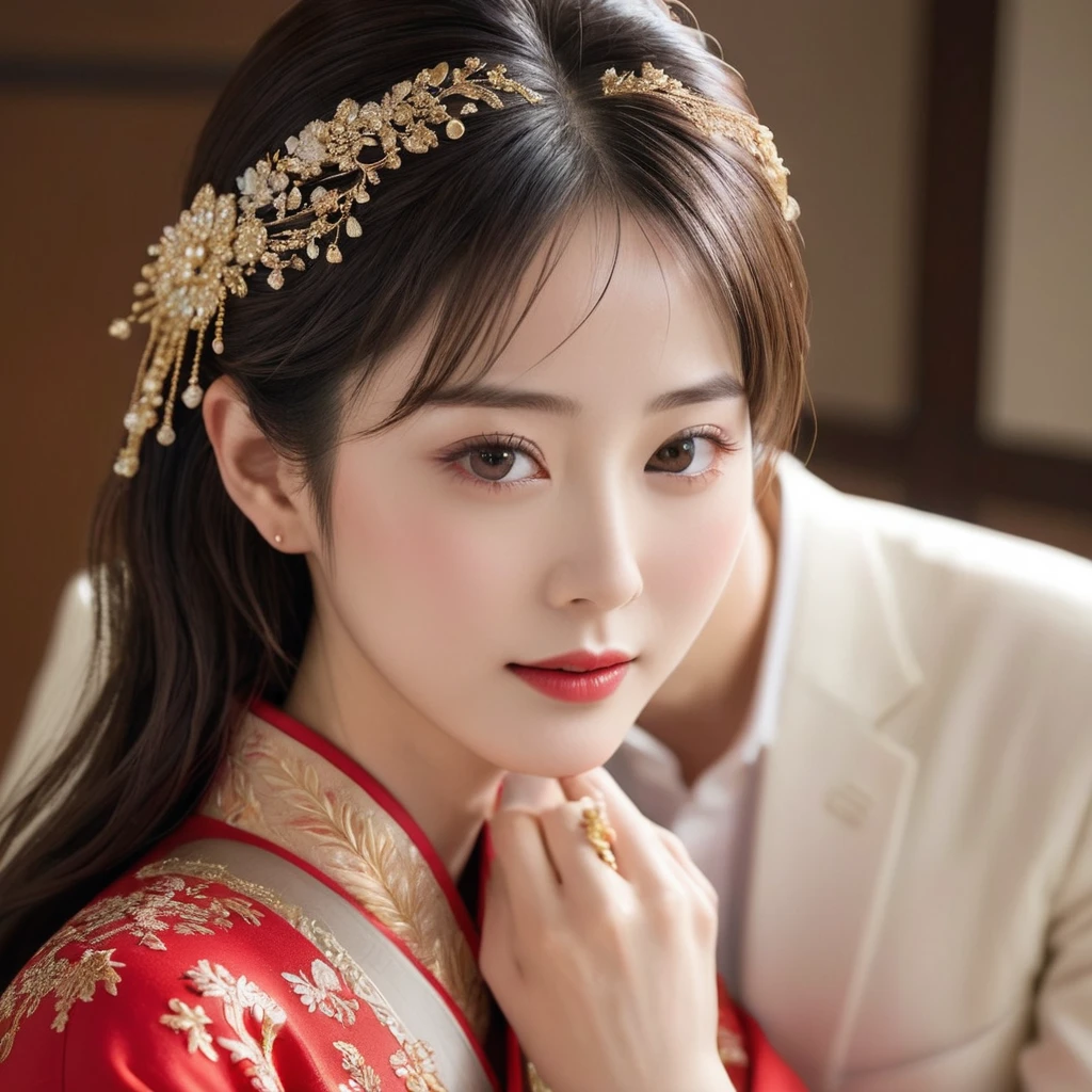 ((Highest quality)), ((masterpiece)), (detailed), （Perfect Face）、The woman is the beautiful Japanese woman, Satomi Ishihara, with large breasts and excellent proportions. She has her medium-long hair tied up and is wearing a gorgeous and glittering red wedding Hanfu with gold embroidery and trimmings. She is lavishly dressed and accessorized with luxurious accessories and an engagement ring.、A woman is embracing and kissing a handsome and dignified middle-aged Chinese man on a luxurious bed in a luxurious Chinese bedroom, making a deep and loving couple.