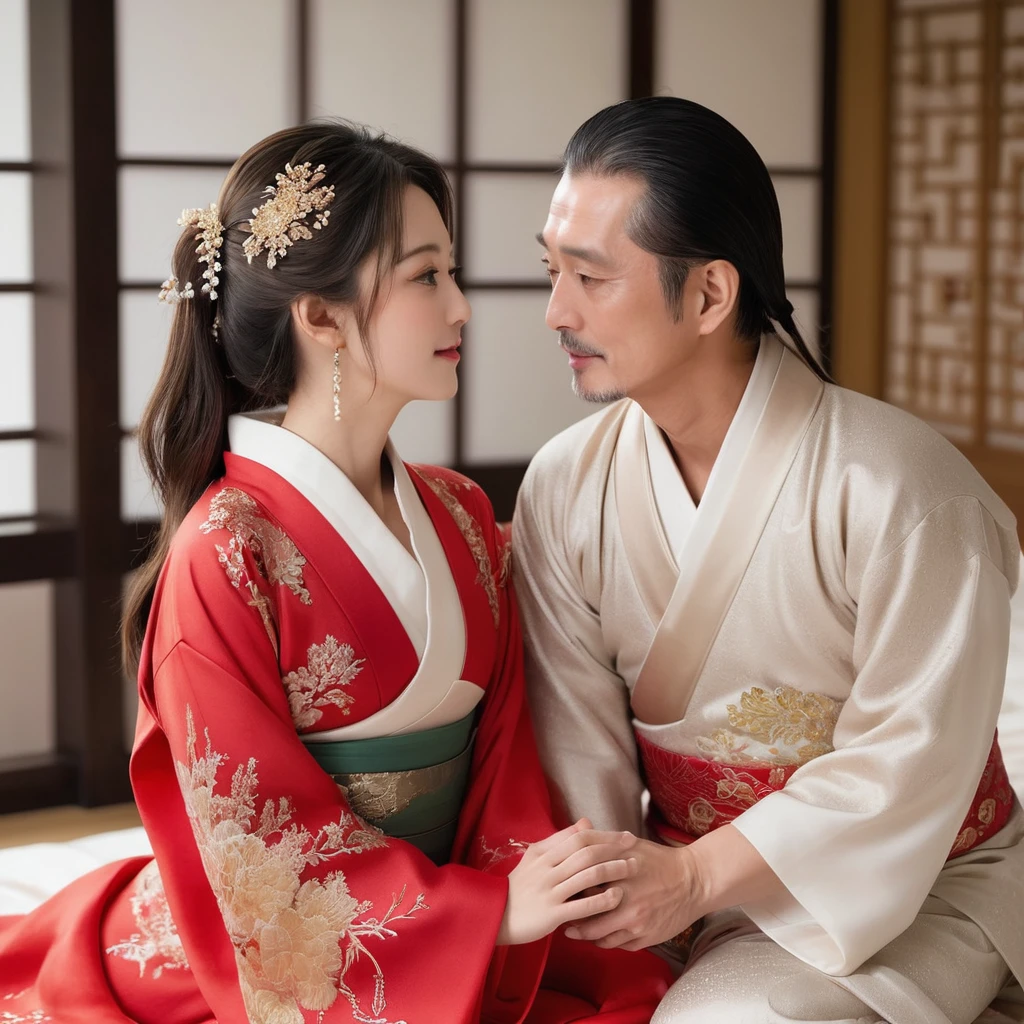 ((Highest quality)), ((masterpiece)), (detailed), (Perfect Face)、The woman is the beautiful Japanese woman, Satomi Ishihara, with large breasts and excellent proportions. She has her medium-long hair tied up and is wearing a gorgeous and glittering red wedding Hanfu with gold embroidery and trimmings. She is lavishly dressed and accessorized with luxurious accessories and an engagement ring.、A woman is embracing and kissing a handsome and dignified middle-aged Chinese man on a luxurious bed in a luxurious Chinese bedroom, making a deep and loving couple.