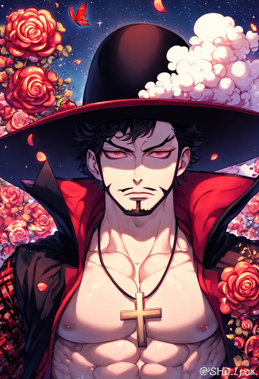 absurdres, highres, ultra detailed, HDR, master piece, best quality, extremely detailed, Dracule Mihawk, black hair, expressive red eyes, One Piece, solo, sexy man, handsome, wide-brimmed black hat decorated with a large plume, open black coat with a red velvet inside, without shirt, red flower-patterned sleeves, close up, cross necklace, solo, sexy man, handsome, close up, cross, red butterflies, petals, magical, red roses, fantasy, red water, starry sky
