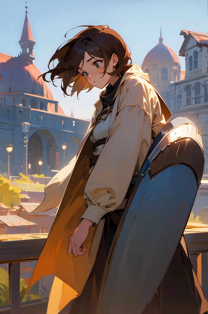 Female ,Young adult, Brown Hair, Town Background, Knight