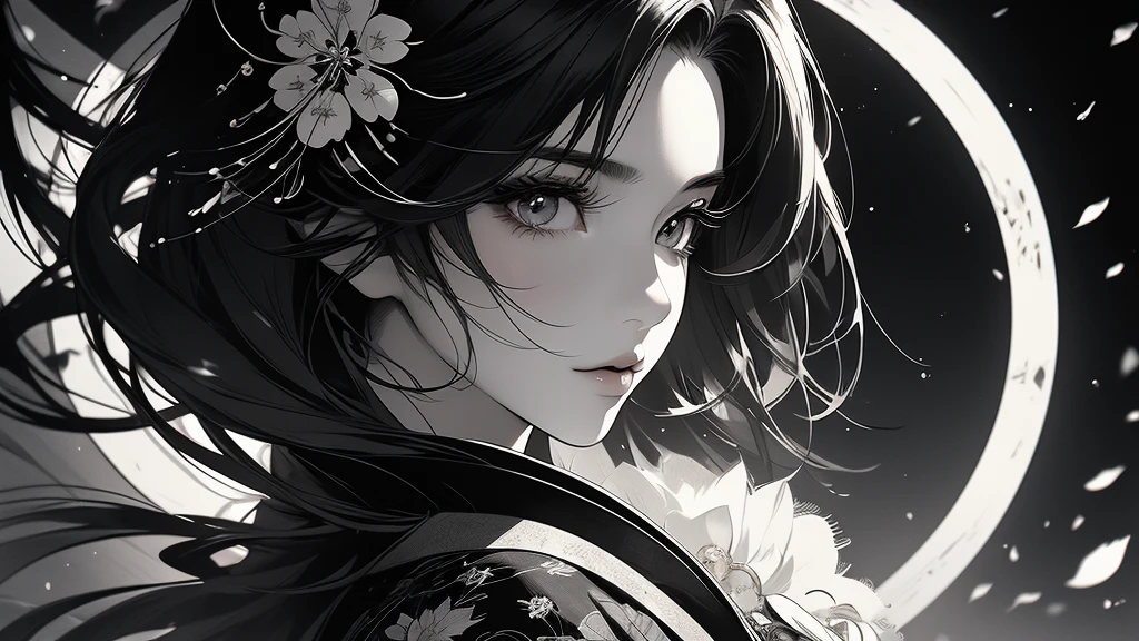 beautiful geisha girl, sakura blossoms, fujii mountain, moonlight, white and black blood color palette, sumi-e ink effects, detailed face, detailed eyes, detailed lips, long eyelashes, detailed ornaments, elegant kimono, graceful pose, cinematic lighting, highly detailed, 4k, photorealistic, masterpiece, красивые выразительные глаза