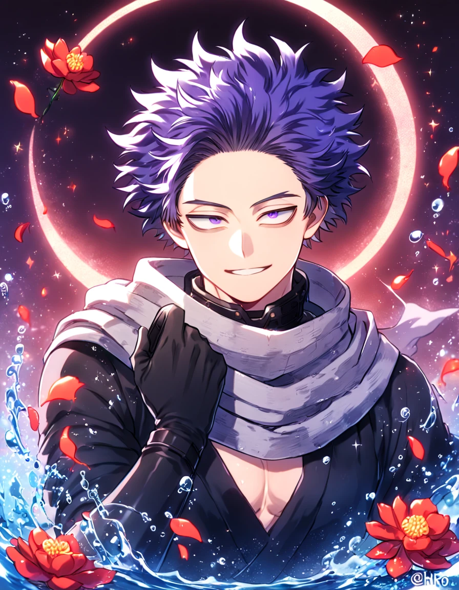 absurdres, highres, ultra detailed, HDR, master piece, Shinsou Hitoshi, indigo hair, messy hair, expressive purple eyes, gray scarf, black clothes, black gloves, Boku No Hero Academia, sexy man, handsome, best quality, red glittering crescent moon, red flowers, fantasy, magical, solo, water, red shining fireflies, red petals, sensual, handsome smile