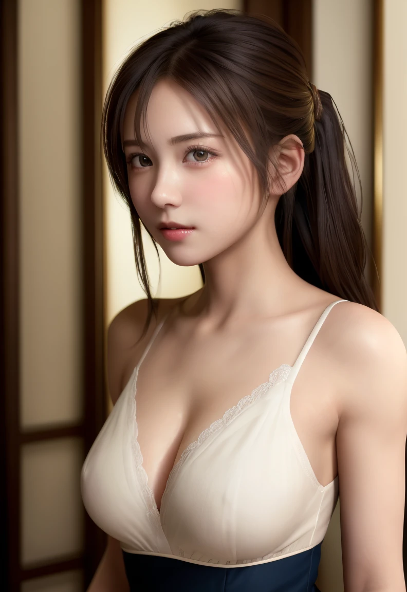 nsfw, 8K, of the highest quality, masutepiece:1.2), (Realistic, Photorealsitic:1.37), of the highest quality, masutepiece, Beautiful young woman, Pensive expression,、A charming、and an inviting look, Cute Maid Clothes, Hair tied back, Cinematic background, Light skin tone