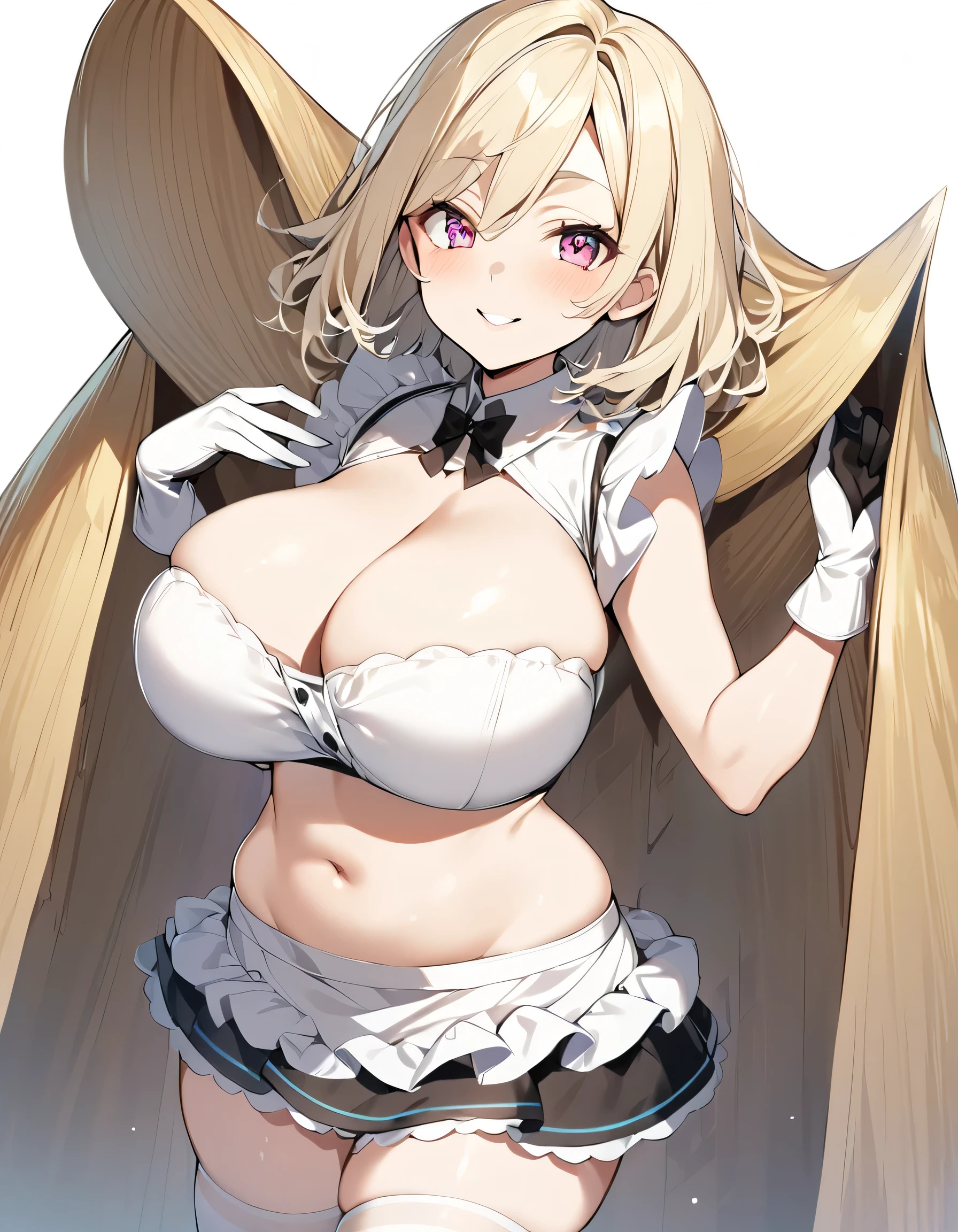 (One girl)、(bob cut)、((Blonde))、（Sato Air）、(slan eyes)、（boyish）、cute、(Big super breasts)、Chubby、Maid clothes、No sleeve、mini skirt、White sleeveless、thigh-high socks thighhighs、(long gloves)、hairs between eyes、(coarse hair)、flipped hair、pink eye、smile、(say)、arm behind back、White Background