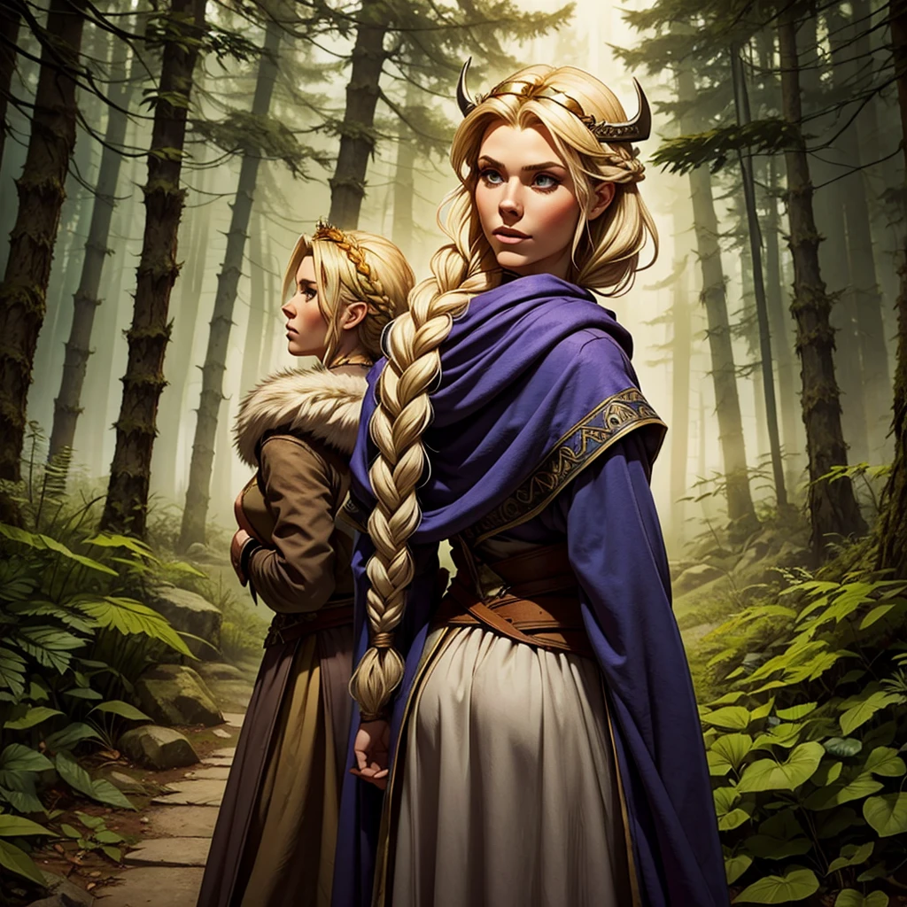 Viking woman standing with her back to me in a foggy forest. Medium blonde half up half down faux hawk hair with a braided flower crown. Wearing a medieval dress & a fur cloak. Dungeons & dragons character.