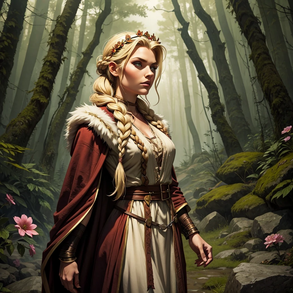 Viking woman standing with her back to me in a foggy forest. Medium blonde half up half down faux hawk hair with a braided flower crown. Wearing a medieval dress & a fur cloak. Dungeons & dragons character.