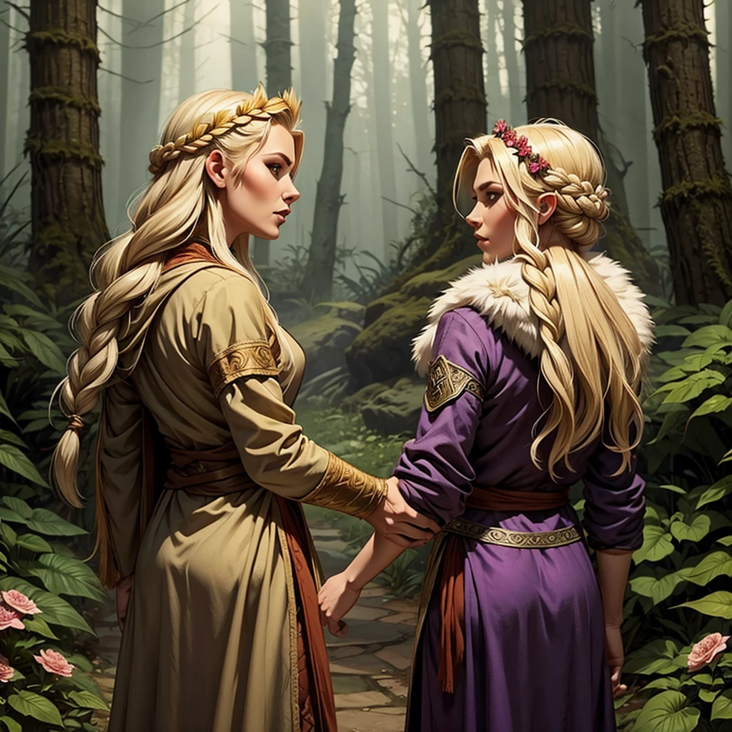 Viking woman standing with her back to me in a foggy forest. Medium blonde half up half down faux hawk hair with a braided flower crown. Wearing a medieval dress & a fur cloak. Dungeons & dragons character.