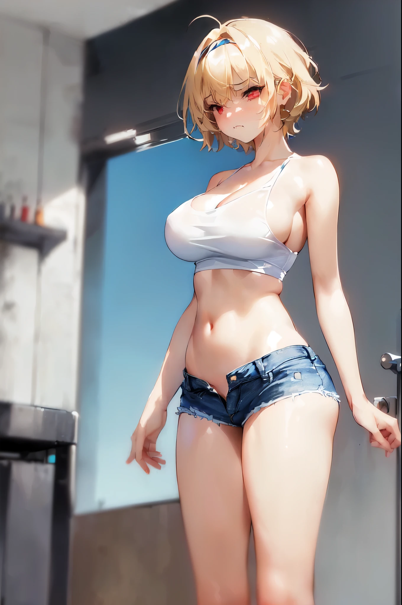 with big and firm breasts. Wear a white tank top, neckline, Sexy Bar Mini Shorts with Denim Thong, low rise, visible navel, short blonde hair. red eyes, expression on sad face, expression of sadness, sad expression eyes. sad expression mouth