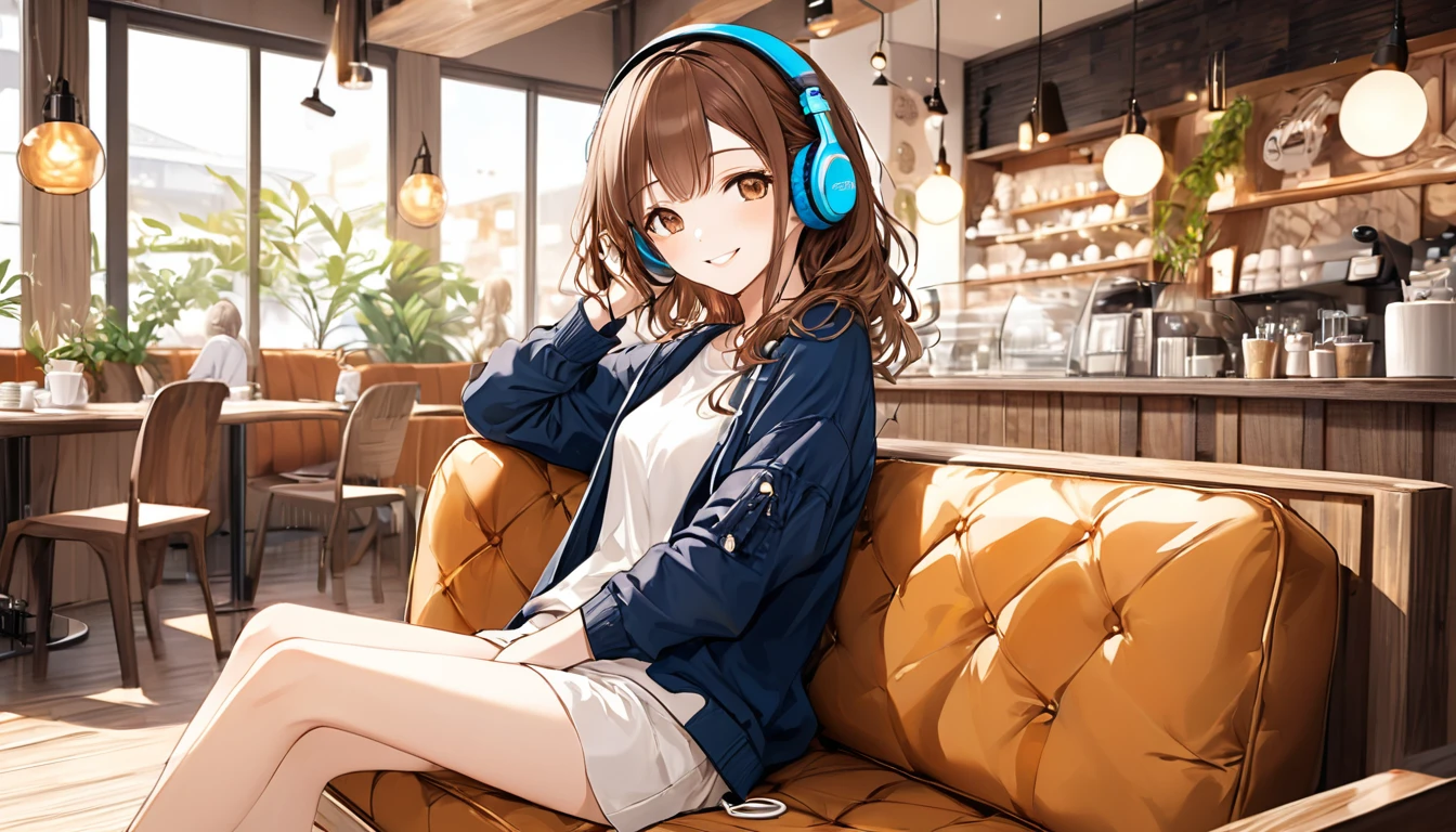 Brown-haired girl wearing headphones、Cafe very detailed、masterpiece, Highest quality, Light background：Modern cafe interior look：Relaxed smiling outfit：Casual cafe style pose：Sitting on a sofa listening to music：The relaxed atmosphere of the cafe
(Detailed fingers), (Emotional), (Breathtakingly beautiful), (main part:1.2 Whole body), (Anime Style), (Very detailed), (超High resolution, High resolution), (8k), (Complex and beautiful: 1.2)
