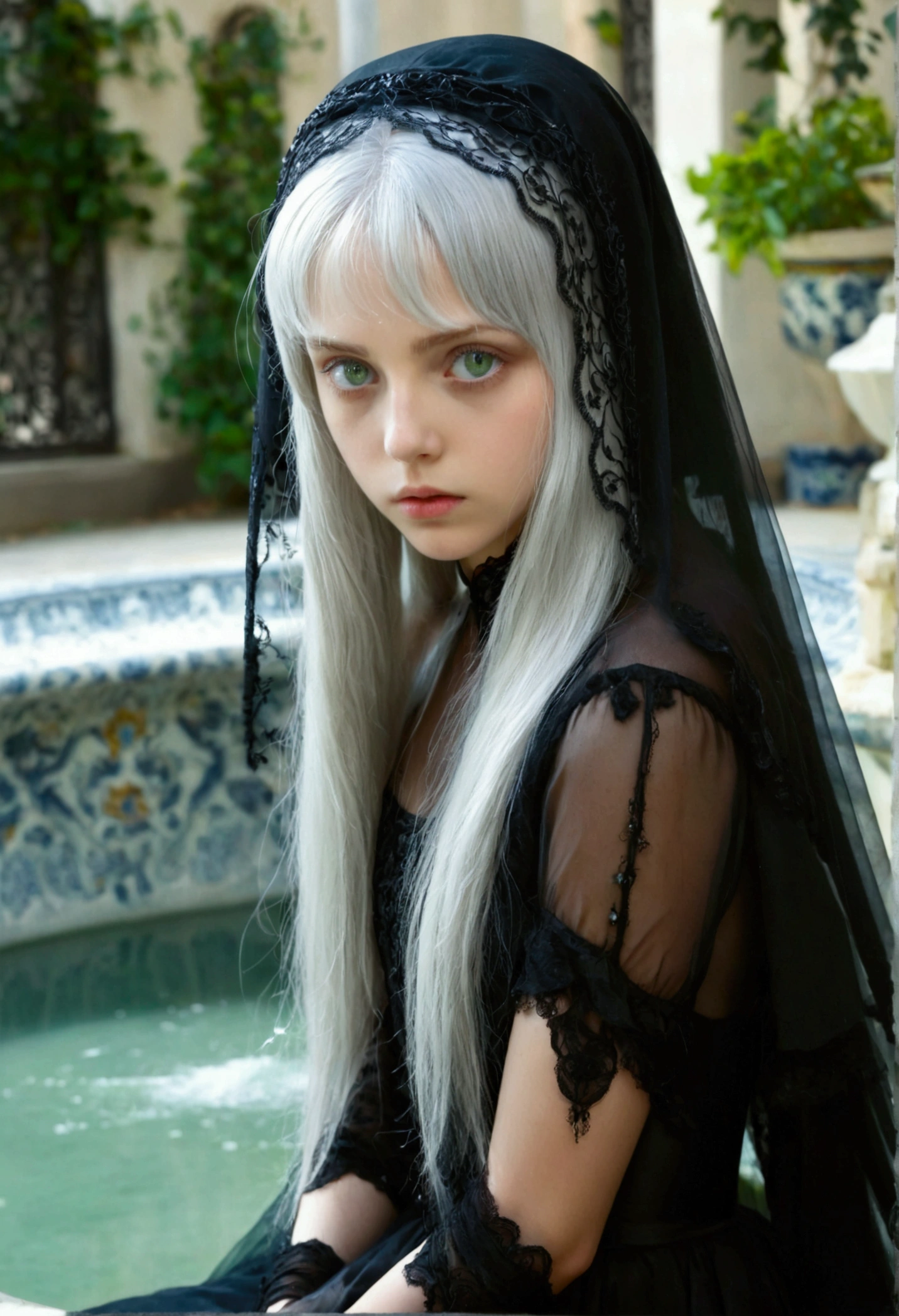 A girl, sitting next to a water fountain, looking at her reflection, she has big green eyes and porcelain skin so clear it was almost translucent, long silver-colored hair, she wears a black dress from the year 1500, a black veil on her head covered her face,has a melancholy expression.