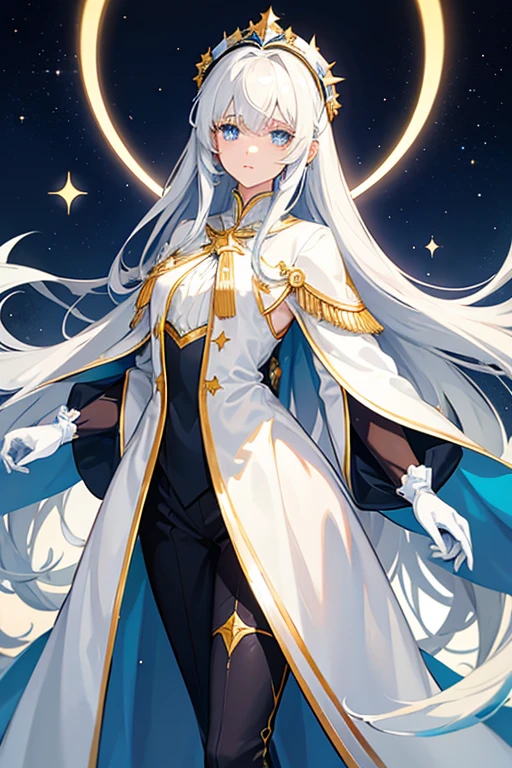 Star Girl with long white hair and dark blue eyes with dark blue coat and blue sleeves with gold on end of her sleeve and white blouse with black pants and white gloves under her sleeves and a opal on her chest woth neck ruffles under the opal and a BLUE and BLACK feather headband on one side of her head