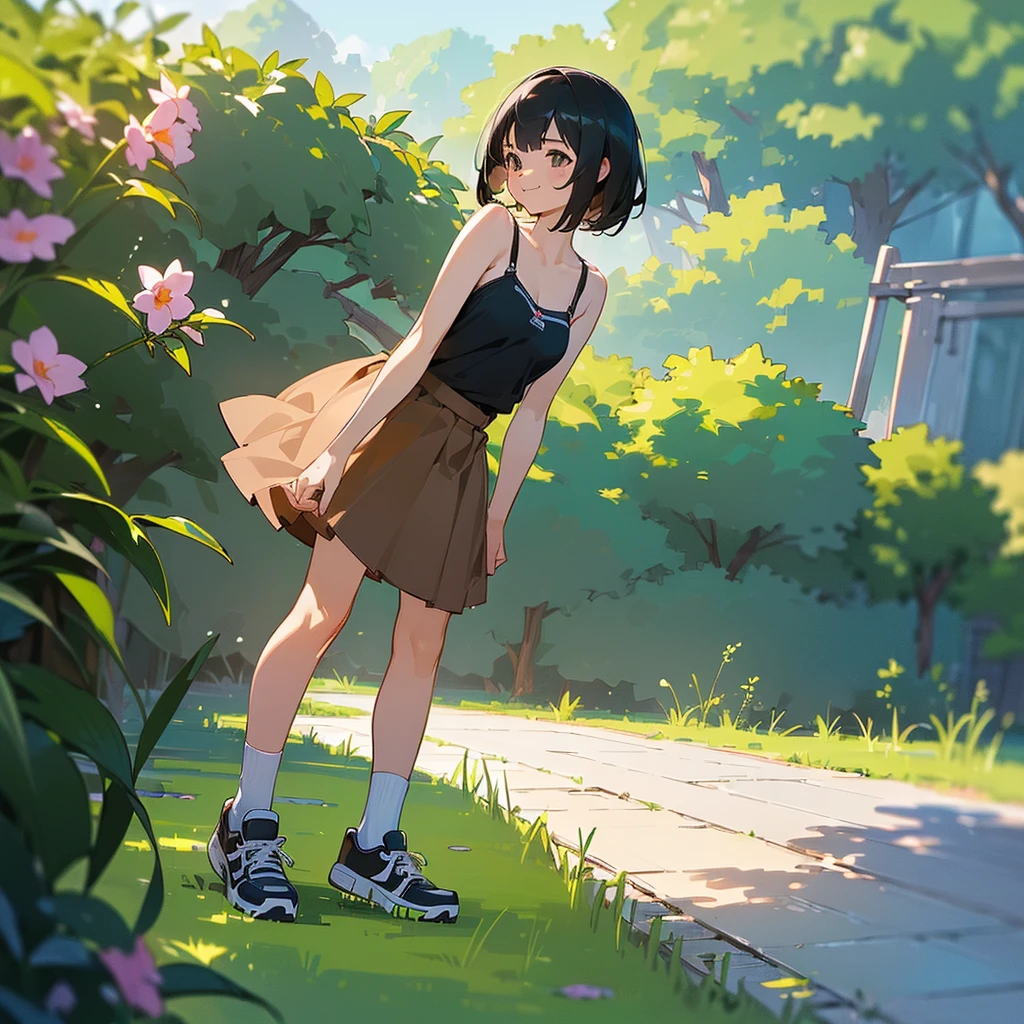(high quality, High resolution, Very detailed, reality:1.37), Peaceful atmosphere, (Outdoor, garden), Teenage girl standing alone, (my breasts are big.), Beautiful details, Cute Smile, (Black bob hair), camisole, Brown Skirt, Blue socks, sneakers.