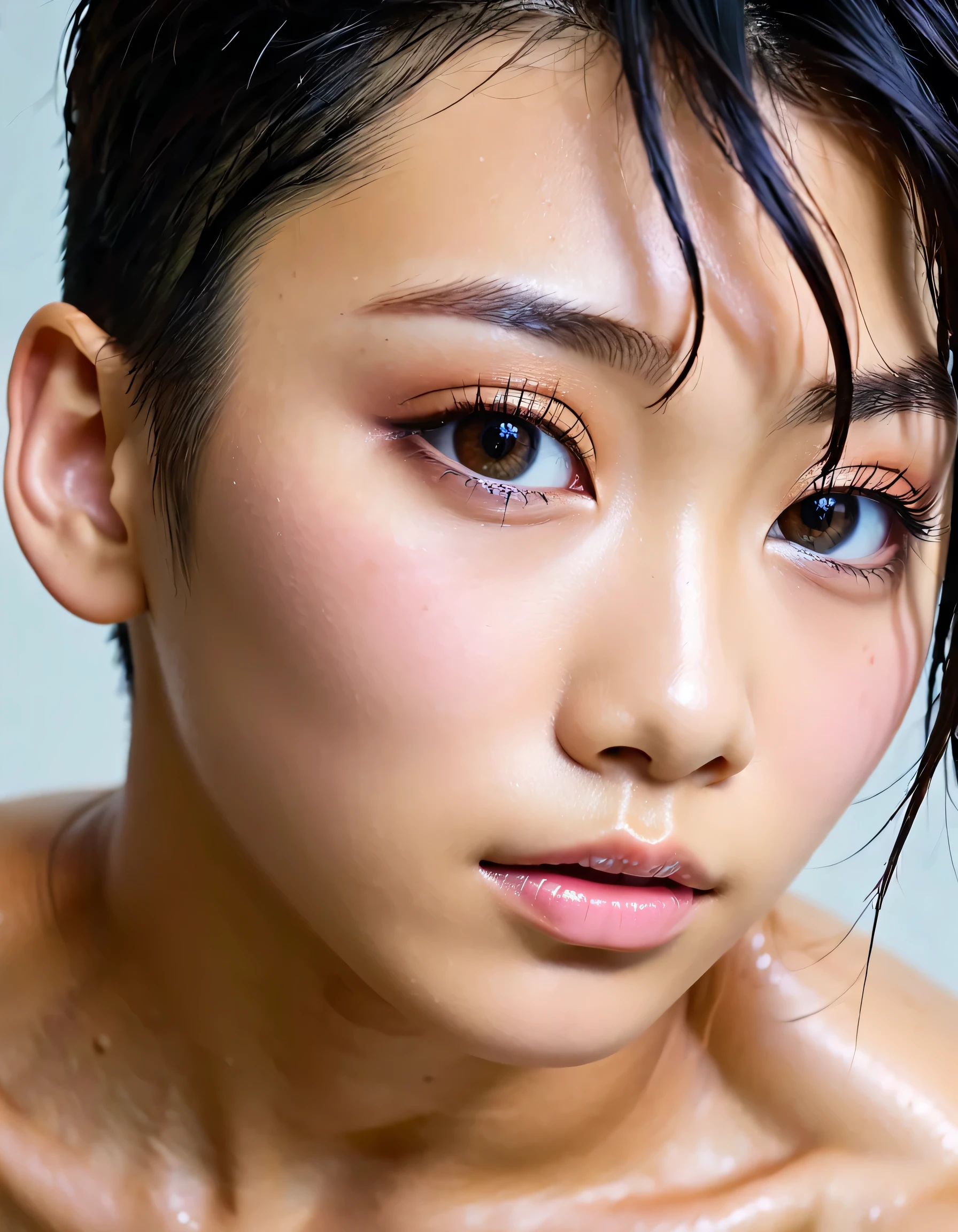 high quality, (japanese  boy fucks japanese teen:1.5), (detailed eyes), (black  short hair), (muscle:1.5), naked, (dark wet skin), (detailed puffy nipples:1.1), (boy's face Focus), cum on face, penis,