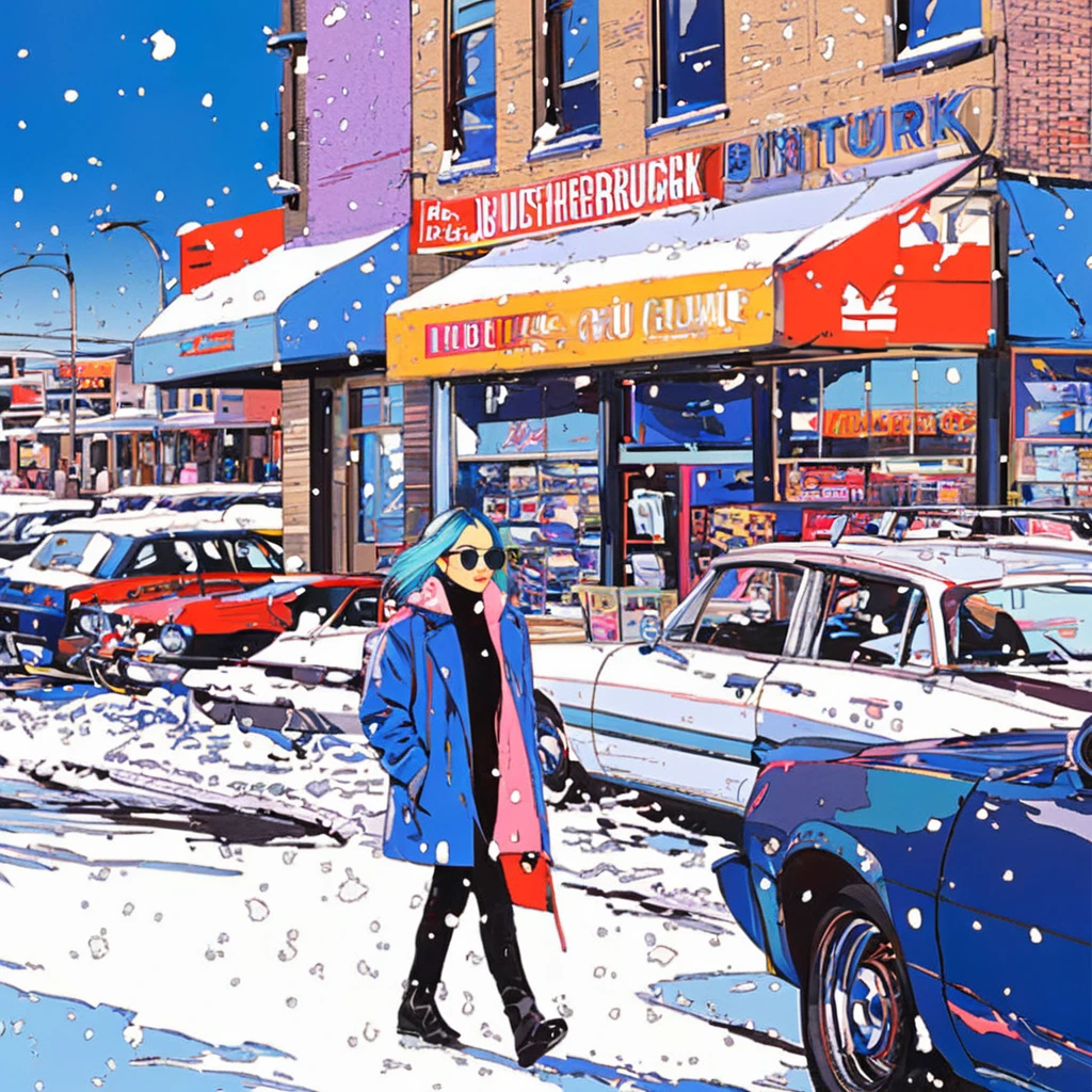 Hideto Suzuki,One girl,suit, walk, street, sunglasses, shop, sports car, blue sky、Illustrator, anime , Realistic ,sketch , One girl, ,lip, sweater,order, Blue gradient background, Neon Hair,textured crop, Canadian, (masterpiece,Highest quality)、winter、snow