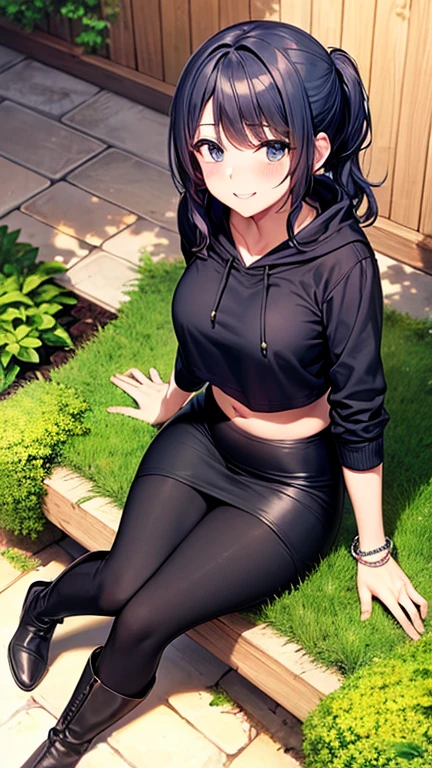 masterpiece, best quality, 1girl, beautiful woman with wavy hair, dark blue hair, low ponytail, black hoodie, gray maxi pencil skirt, pencil skirt, leather boots, midriff, belly button, bracelet, fall, garden, backyard, looking at viewer, full body, view from above, confident smile, full-face blush, sitting on bench,