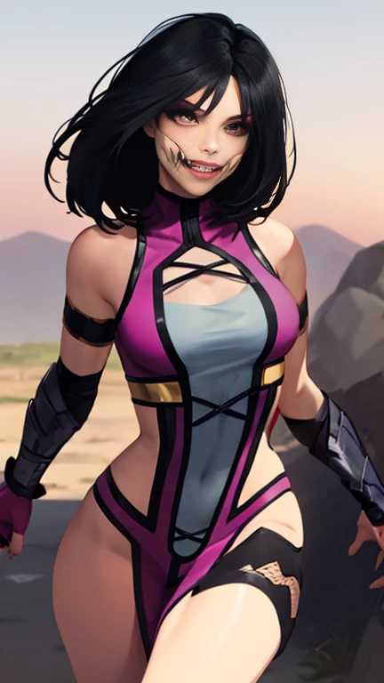 Mileena has a cute face and she has long black hair 