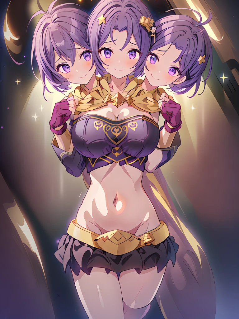 (masterpiece, best quality), best resolution, (3heads:1.5), 1girl, dark violet hair, fingerless gloves, smiling, soft smile, open belly, black-gold-purple crop top, black miniskirt, open breasts, humongous tits, huge , sexy pose, hair length until shoulders, headband, night sky background, nighttime, stars, starry sky, alluring presence, beautiful eyes, detailed eyes, purple eyes,
