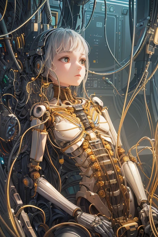 (((masterpiece))), (((The best quality at its best))), ((Super detailed)), (Highly detailed CG illustrations), ((Extremely delicate and beautiful)),(Cute and delicate face),Light,((1. Mechanical Girl)),alone,Full Body Lesbian,(Mechanical joints:1.4),((Mechanical limb vessels connected to tubes),(Six Arms),((Mechanical vertebrae are attached to the back)),((Mechanical cervical spine attached to the neck)),((Sit)),Expressionless face,(Wires and cables attached to head and body:1.5),(Character Focus),Earth of Pluto,ice World,Science fiction