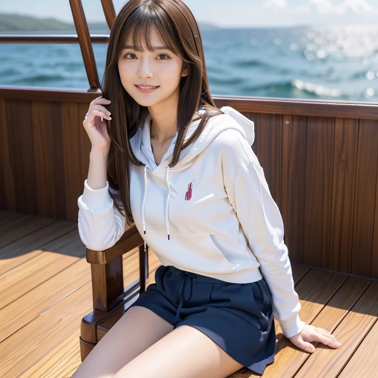 (Calm and gentle look:1.2), (Full Body Shot:1.3), (panorama:1.8), Cinema Lighting, ((Highest quality)), (RAW Photos, Highest quality), ( Realistic:1.4), realism, masterpiece, Very delicate and beautiful, Very detailed, 4K wallpaper, wonderful, finely, Very detailed CG unity 8k wallpaper, Very detailed, High resolution, Soft Light,
Japanese, (one shot:1.9), 
(22 years old:1.6), (Round face:1.2), (Fat:0.8), (A neat and clean woman:1.5), 
Beautiful detailed woman,Famous Japanese actresses, Detailed face, finelyて美しい目, Very detailedな目と顔, Beautiful eyes and a beautifully detailed nose,  Ultra HD glossy lips, 
(Straight Hair:1.4), Shiny Hair, Shiny Hair, Brown Hair, (bangs:1.4), 
 Long, slender legs, Toned body,
(Smiling:1.4), Natural Makeup, 
(Ralph Lauren, white, hoodie:1.3), (Ralph Lauren, dark blue, k culottes:1.3), Accentuate your body lines, (Deck Shoes:1.2), (A model poses while sitting on the deck of an offshore yacht:1.4), (Deep blue midsummer sky, cumulonimbus, The ocean with a wide horizon:1.3), (Strong winds are making my hair flutter:1.5), 