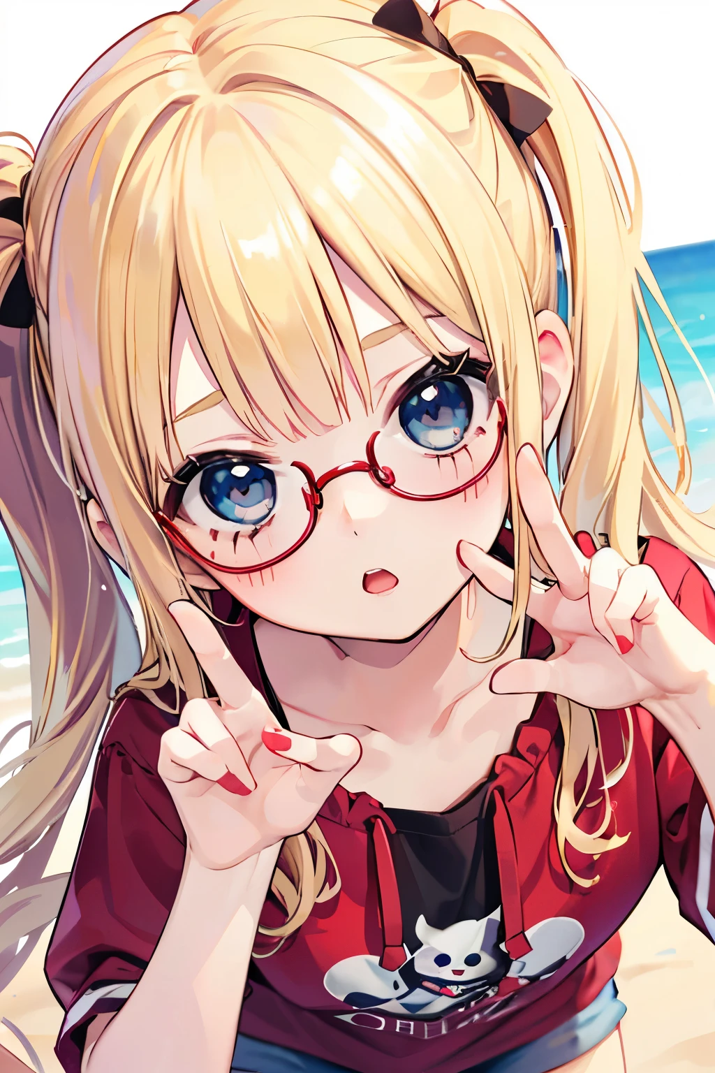 LightBlue Eyes, Very short stature, Very thin thighs,7 years old,Summer clothes, highest quality,(((Blonde twin-tailed girl))),(((Cute pose))),(red cheek),(((Cute voice))),Glasses, Shy Kagami Mochi、shrine,Bruises and gestures,(Close-up of face:1.1).