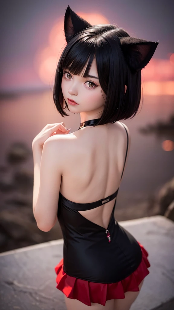 Delicate and dainty young woman with shiny bob-cut black hair and cat ears. She is wearing red symplr wear with mini-skirt. The background is a fantastic and ethereal night sky that seems to be haunted by a specter. Her expression is stern and atmospheric. 10 years old, real photo style