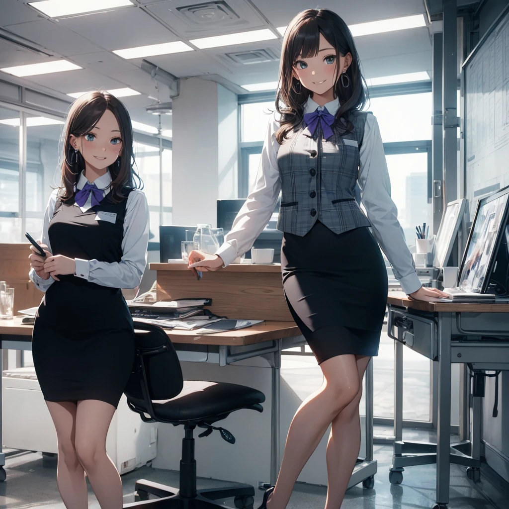 (Best Quality, Masterpiece),Wearing a pink plaid vest, White short sleeved shirt, Gray pencil skirt, Wear stiletto heels, Necklace, earrings, Cute face, Smile, Blushing, Shyness, Glass wall, Ultra Detail, Realistic, Front view, Whole body, stunning, cute, warm smile, hourglass figure, apron, text, chart, advertising, magazine title(Best Quality, Masterpiece), Mag((((1ladyl,)))) (masterpiece), (realistic), (best quality), (ultra-detailed), (wearing in [[white and gray check pattern]] Vest worn over white collared long-sleeved shirt:1.4), (gray vest with buttons:1.2), (Pink Theme:1.2), (blue ribbon ribbon:1.3), (Black theme:1.4), (Tight black pencil skirt:1.5), ((Brown pantyhose)), (high-heels:1.1),longskirt,office desk, office chair,Lulubre Unity 8K Wallpaper, pantyshot, long brown hair, office lady Magazine Cover, 1girl,  amazing, girl, 30 years old, house wiife, warm smile, hourglass figure, text, chart, advertising, magazine title