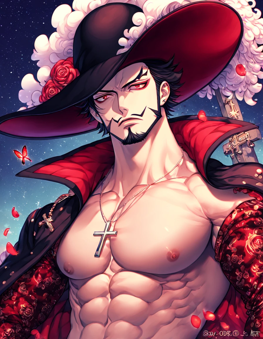 absurdres, highres, ultra detailed, HDR, master piece, best quality, extremely detailed, Dracule Mihawk, black hair, expressive red eyes, One Piece, solo, sexy man, handsome, wide-brimmed black hat decorated with a large plume, open black coat with a red velvet inside, without shirt, red flower-patterned sleeves, close up, cross necklace, solo, sexy man, handsome, close up, cross, red butterflies, petals, magical, red roses, fantasy, red water, starry sky