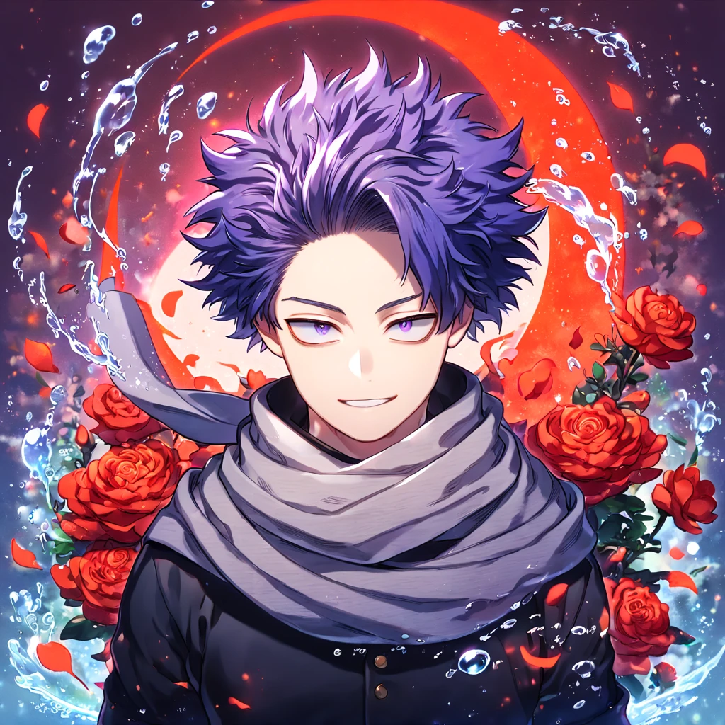 absurdres, highres, ultra detailed, HDR, master piece, Shinsou Hitoshi, indigo hair, messy hair, expressive purple eyes, gray scarf, black clothes, Boku No Hero Academia, sexy man, handsome, best quality, red glittering crescent moon, red flowers, fantasy, magical, solo, water, red shining fireflies, red petals, sensual, handsome smile