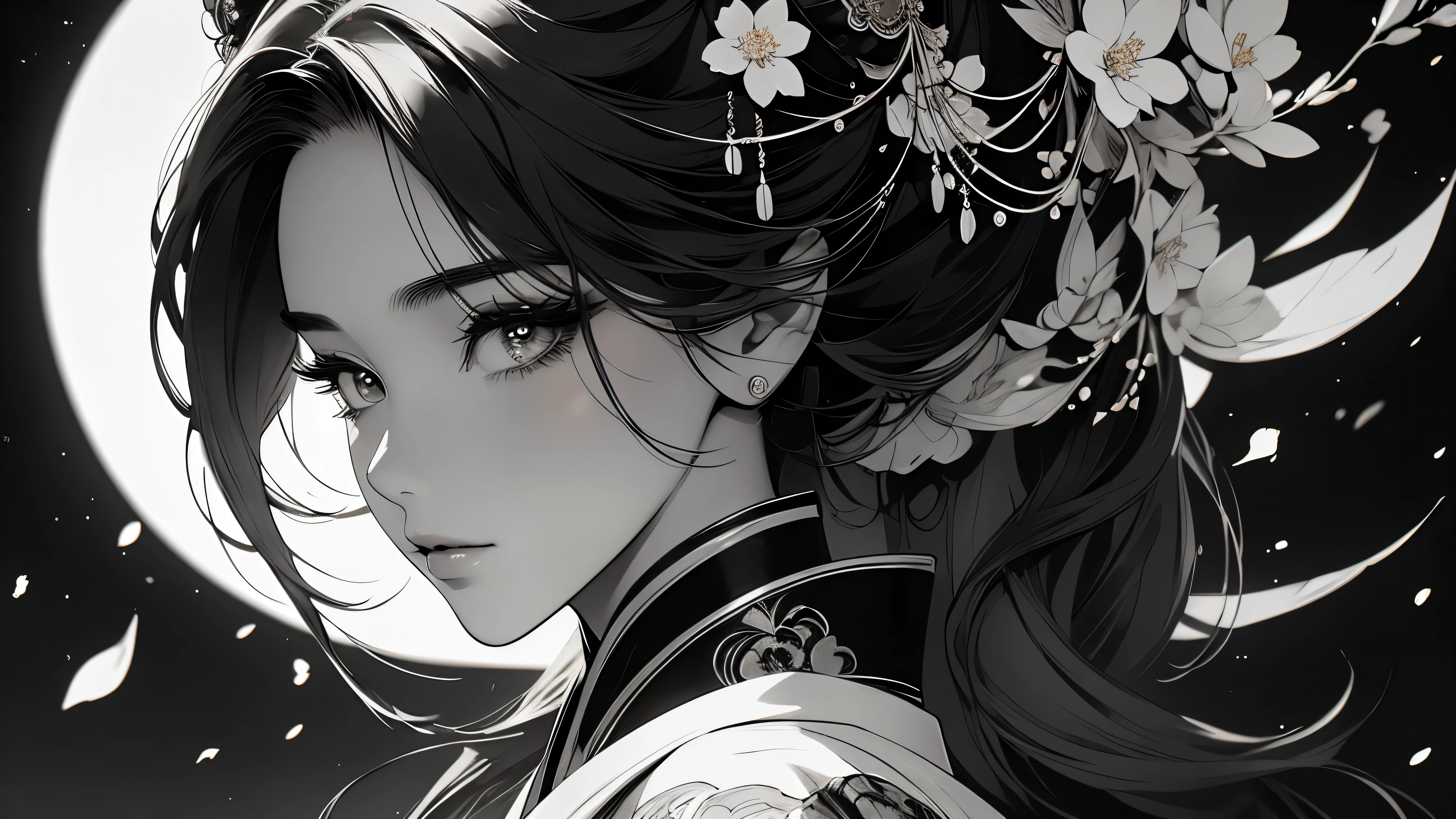 beautiful geisha girl, sakura blossoms, fujii mountain, moonlight, white and black blood color palette, sumi-e ink effects, detailed face, detailed eyes, detailed lips, long eyelashes, detailed ornaments, elegant kimono, graceful pose, cinematic lighting, highly detailed, 4k, photorealistic, masterpiece, красивые выразительные глаза