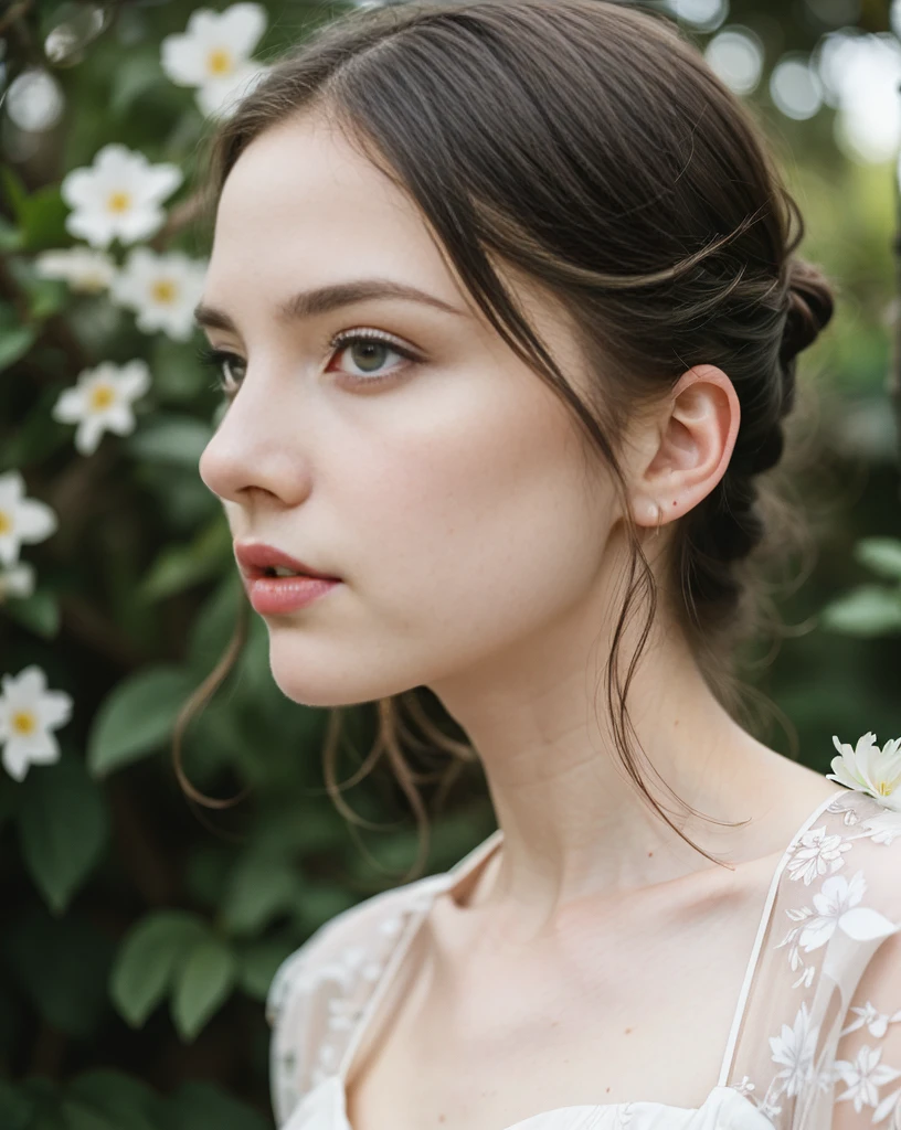 a low angle shot of a beautiful girl, girl looking up, detailed face, intricate hairstyle, detailed eyes, detailed lips, porcelain skin, delicate features, floral dress, lush garden background, natural lighting, cinematic, moody, dramatic, masterpiece, photorealistic