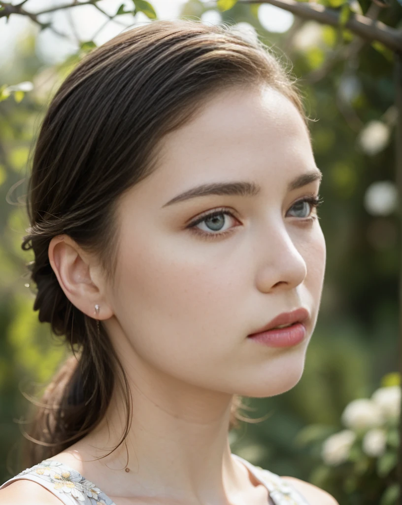 a low angle shot of a beautiful girl, girl looking up, detailed face, intricate hairstyle, detailed eyes, detailed lips, porcelain skin, delicate features, floral dress, lush garden background, natural lighting, cinematic, moody, dramatic, masterpiece, photorealistic