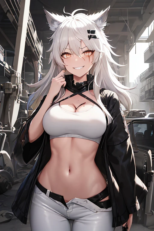 best quality, Ultra-high resolution, (Realistic:1.4), 1 girl, Loose Oversized Black Jacket, White Sports Bra, (Thong:1.2), (Large Breasts:1.2), L looks at the audience, Smile, Foote Body, street, Urban, cosmetic, Wide Angle,