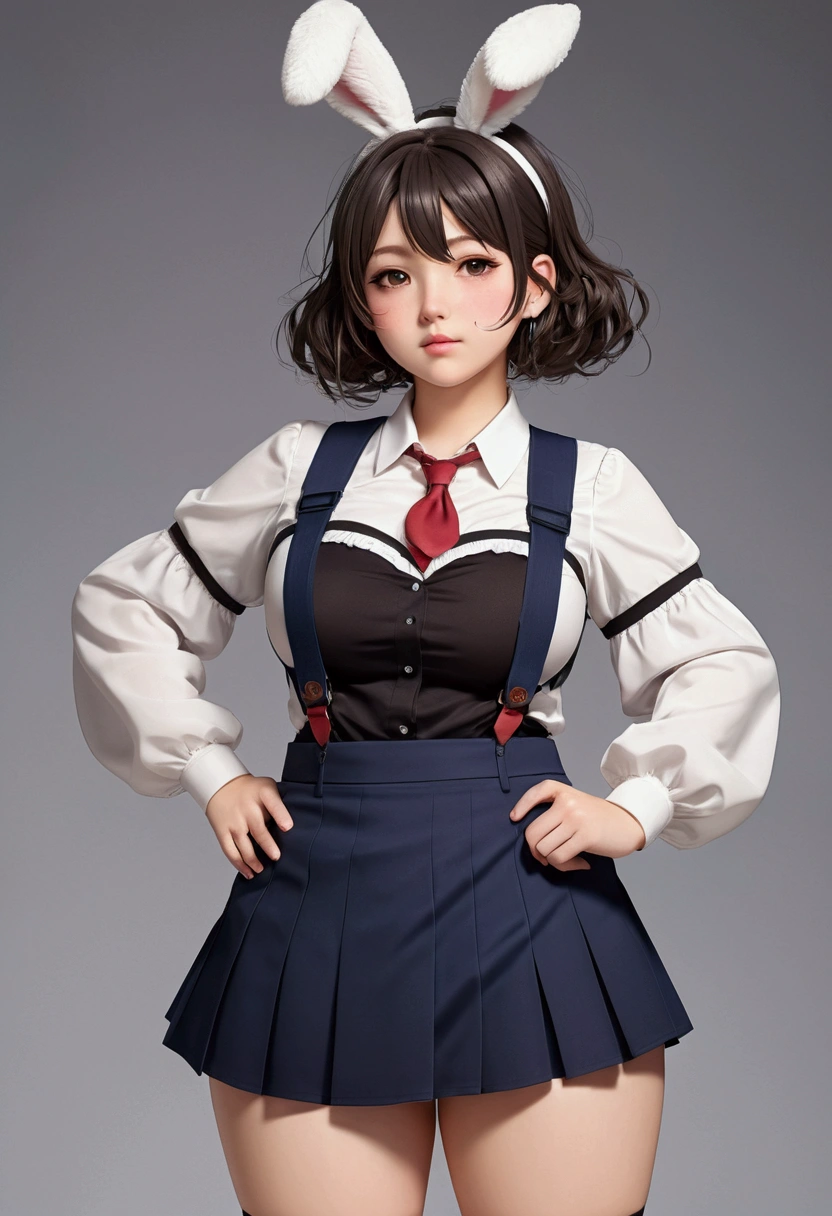 A chubby and thicc short anime girl stands confidently. Her long, fluffy rabbit ears sprout from the top of her head. She is a bratty high school delinquent who wears a casual uniform cut in a way that shows off a lot of her bulge of her belly fat with suspenders coming attaching to a skirt worn below her stomach. A jacket drapes elegantly over her shoulders, featuring puffed sleeves that add a playful touch near the wrists that are wearing a band of beads. The full-body portrait showcases her savvy tatical personality