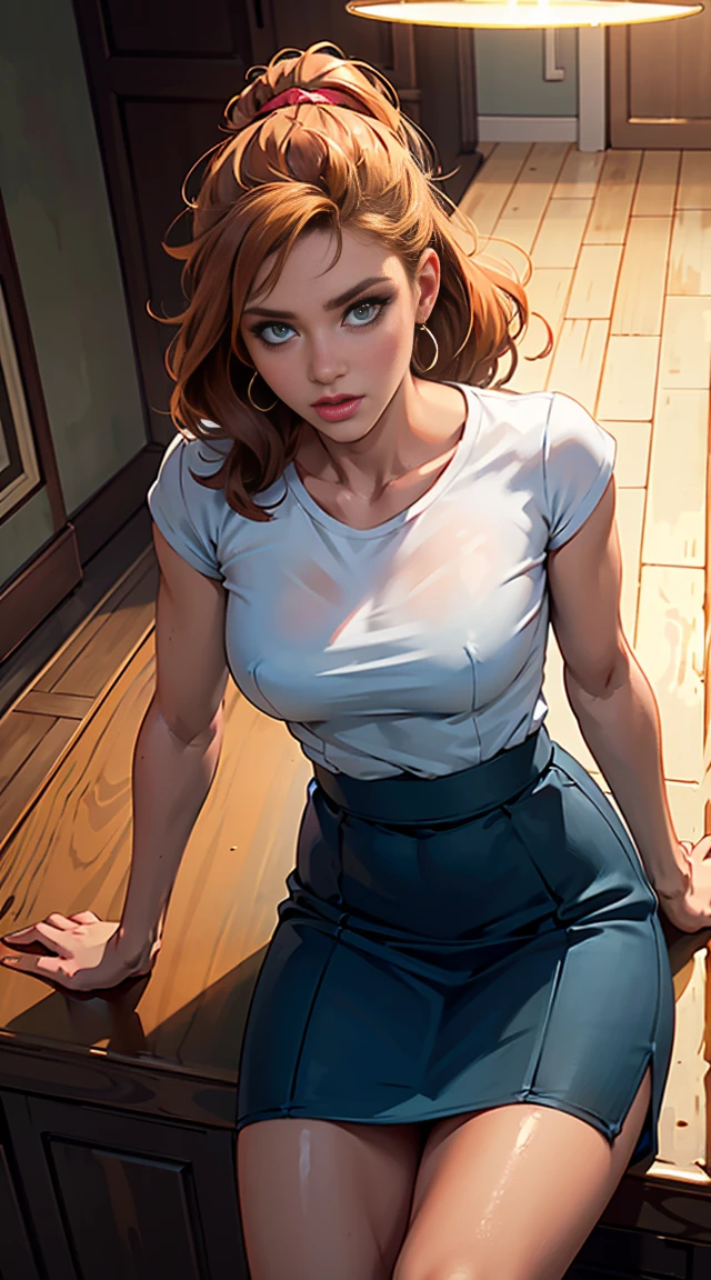8k,masterpiece, Best Quality,big, (1 girl), Kim Possible, green_eyes, Orange hair, by the wide, Professional lighting, (shiny skin: 1.2), shiny big, ((Best Quality)), sharp focus: 1.2, Very detailed face and skin texture., detailed eyes, perfect face, perfect body, blur art, CG, bottom, pechos bigs, presence (20 years, fresh and beautiful mature face), exhausting ((blue skirt), taut white shirt, tilush, (mittgal), random pose, Top view, perfect eye.