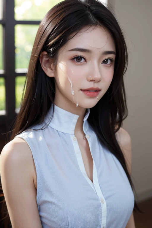 (Highest quality, 4K, 8k, High resolution, masterpiece:1.2), Very detailed, (Realistic, photoRealistic, photo-Realistic:1.37)、smile、Japanese、(Navy blue high neck sleeveless shirt)、(((Bukkake)))、Lips parted,