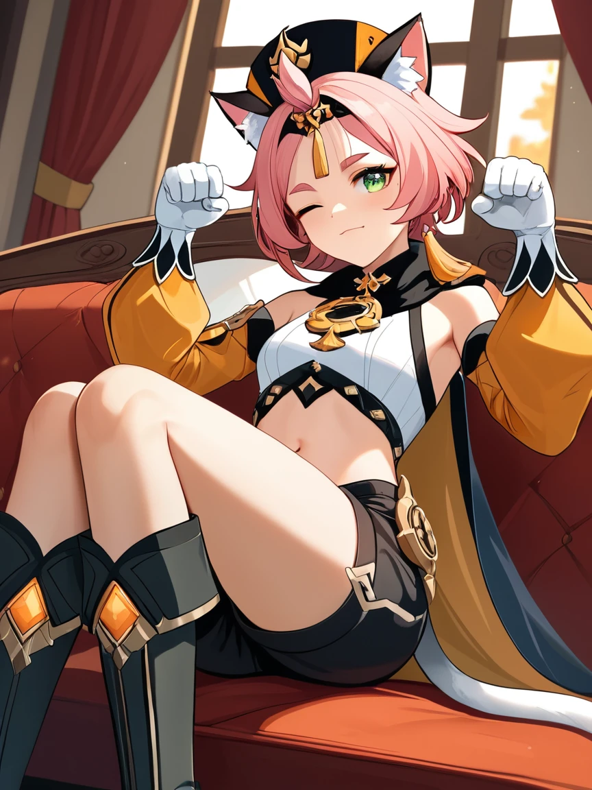 score_9,score_8_up,score_7_up,score_6_up, source_anime BREAK solo,best quality,highly detailed,ultra-high resolution,32K UHD,sharp focus,best-quality,masterpiece, Emotionalization,golden hour,unconventional supreme masterpiece,masterful details,temperate atmosphere,with a high-end texture,in the style of fashion photography,dynamic angle,dynamic posture, diona (genshin impact), 1girl, animal ears, cat ears, tail, cat tail, pink hair, one eye closed, cat, cat girl, hat, shorts, animal ear fluff, solo, short hair, green eyes, detached sleeves, gloves, paw print, bangs pinned back, white gloves, pillow, window, rubbing eyes, puffy shorts, paw pose, indoors, sitting, couch, black shorts, thick eyebrows, boots, navel, long sleeves, black footwear,