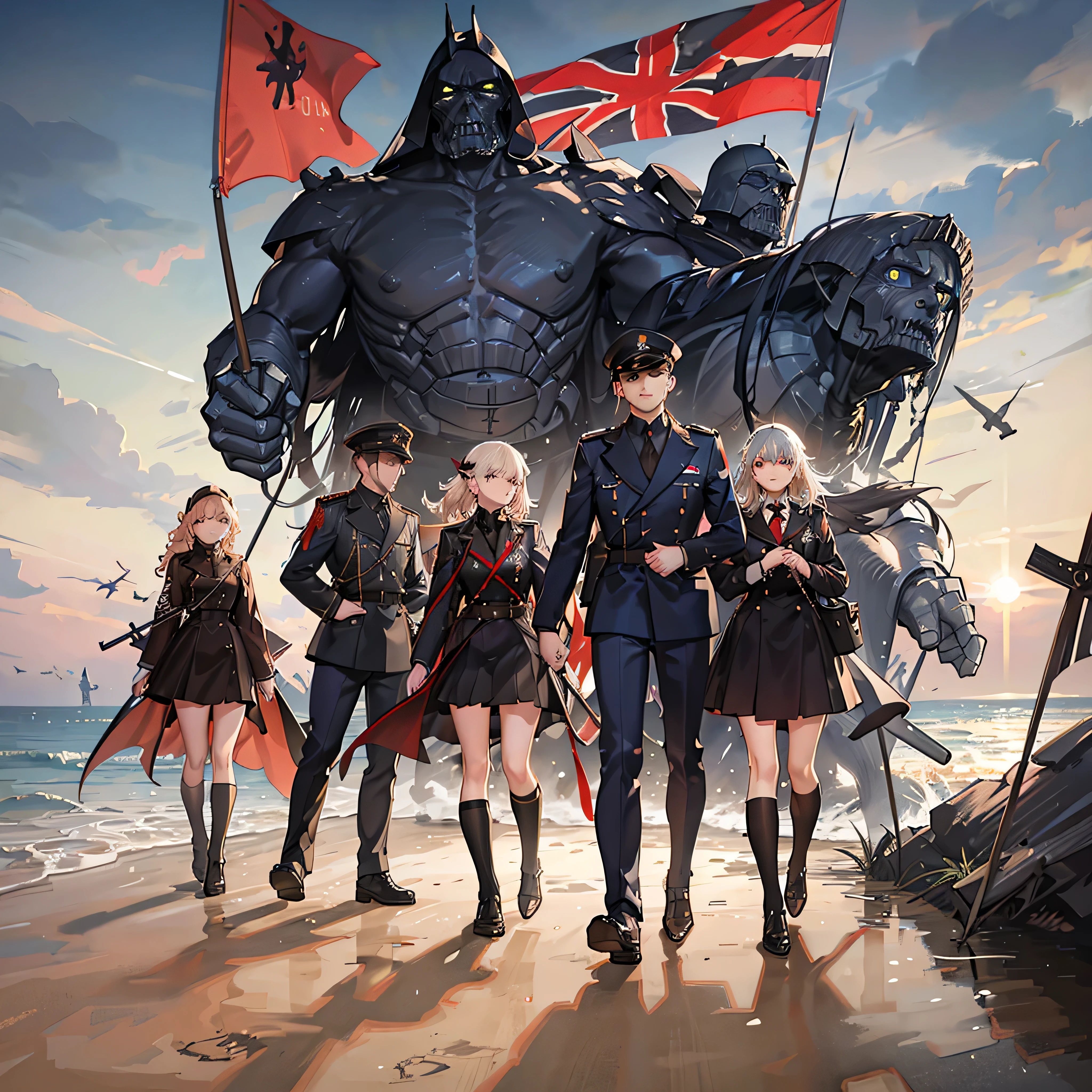 Many people standing in the city,Hold the flag, author:Tadeusz Pruszkowski, author:Ludwik Konarzewski, Cyber demons on Omaha Beach, Stormy war scene, s price, Storming the Normandy Beaches, WWII Normandy Foy Arnhem 1944 CG A group of people holding a flag