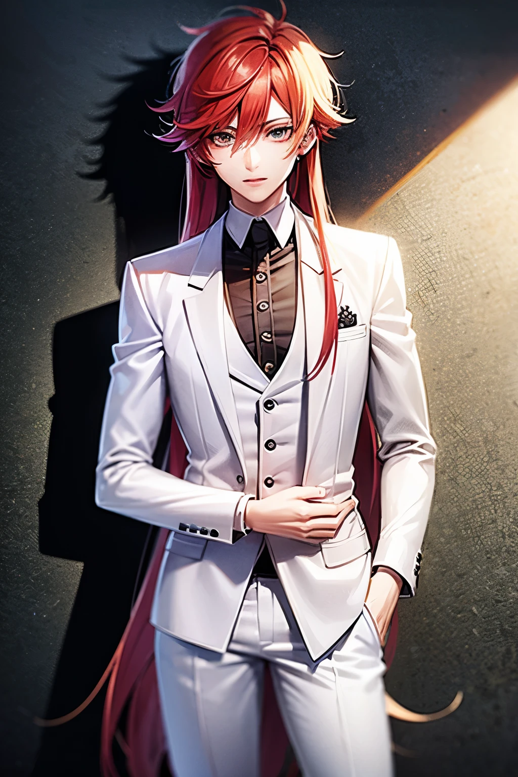 A tall young adult man, he has a strong yet slim build, with long red hair swept to the sides. His eyes are heterochromatic, cyan and pink respectively. His skin is light-toned, with a handsome and youthful face. He wears a social suit