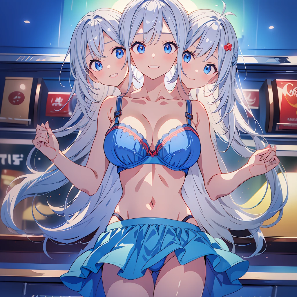 (masterpiece),(ultra-detailed), (high quality), (high resolution), (best quality:1.5, highres, UHD), highres, absurdo, ultra detail, ultra quality, Ultra resolution, 16k, ((3heads:1.5)), 1girl, anime girl with two heads, silver gray hair, ((blue t shirt)), casual wear, city background, smiling, shopping mall, age girl, vibrant lighting, blue skirt, (red sports bra), glowing blue eyes