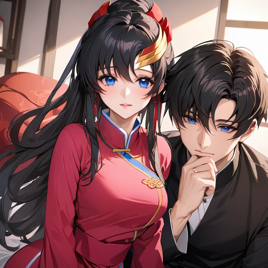 ((Highest quality)), ((masterpiece)), (detailed), (Perfect Face)、The woman is Lacus Clyne, who is married to a Chinese man, and is an ordinary Chinese woman with blue eyes, medium-long black hair, and an engagement ring.、The woman is dressed in typical Chinese clothing.、She married a Chinese man and dyed her hair for him, made her clothes and everything she wore Chinese, and her thoughts were also Chinese, becoming a great Chinese in body and mind.、The woman became Lacus Clyne, a Chinese woman who devotes herself to China and her husband.