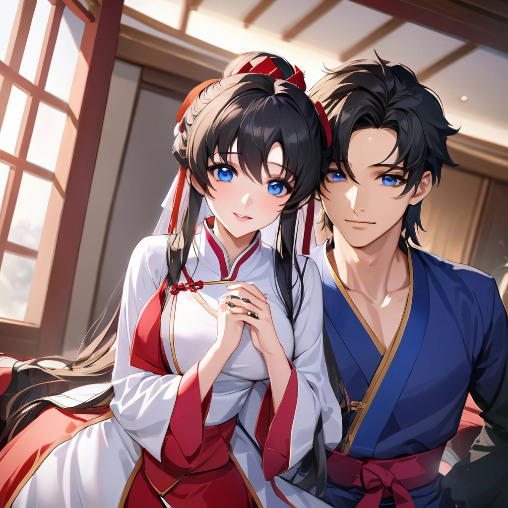 ((Highest quality)), ((masterpiece)), (detailed), (Perfect Face)、The woman is Lacus Clyne, who is married to a Chinese man, and is an ordinary Chinese woman with blue eyes, medium-long black hair, and an engagement ring.、The woman is dressed in typical Chinese clothing.、She married a Chinese man and dyed her hair for him, made her clothes and everything she wore Chinese, and her thoughts were also Chinese, becoming a great Chinese in body and mind.、The woman became Lacus Clyne, a Chinese woman who devotes herself to China and her husband.